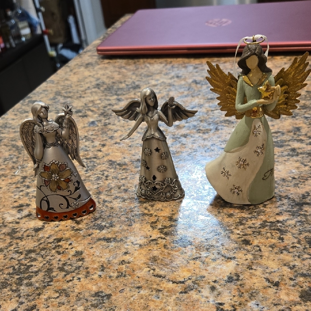 Elegant Angel Figurine Set - Silver, Gold, and Cream